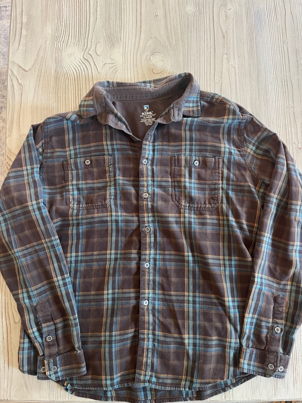 Kuhl Men's Brown Plaid Button-Down Shirt with Blue & Cream Stripes cotton tencel